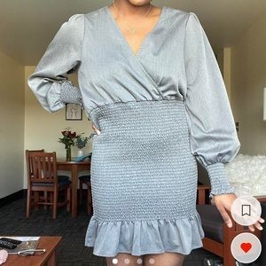 Ouropeanztation Grey Ruched Ruffle Long Sleeve Dress Size Medium
